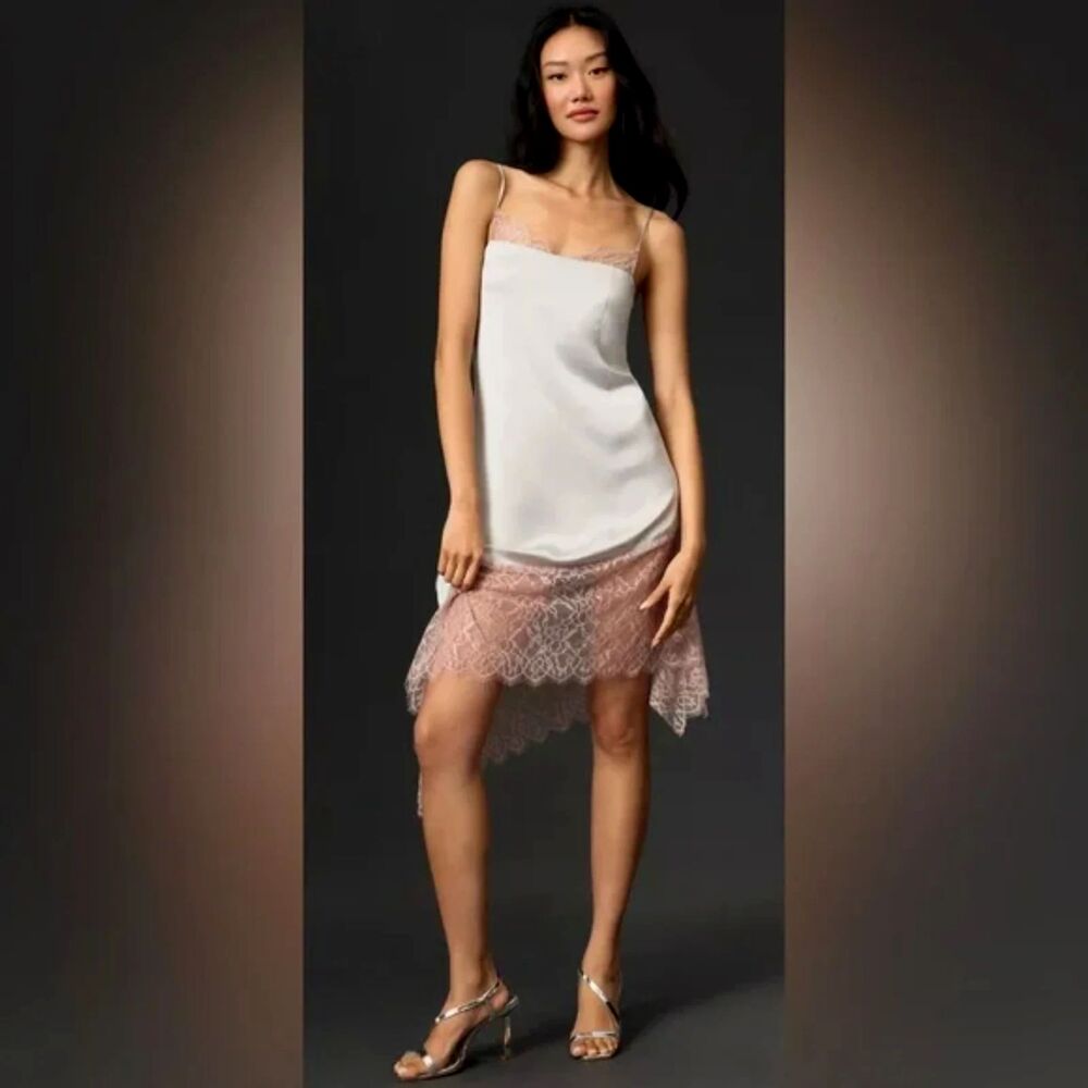 Anthropologie Lace Trim Cami Dress Size 2 NWT Lilac Grey Silky Asymmetrical
